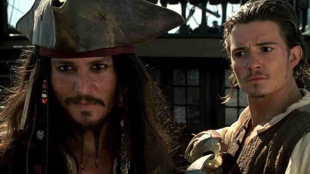 Pirates of the Caribbean 6 cast showing Johnny Depp as Captain Jack Sparrow and Orlando Bloom as Will Turner