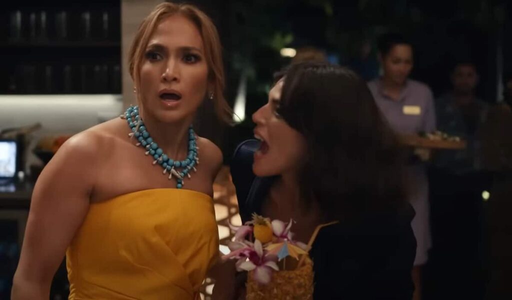 Shotgun Wedding movie featuring Jennifer Lopez as Darcy and Callie Hernandez as Jamie