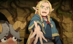 Dungeon Meshi anime featuring Marcille eating food with senshi