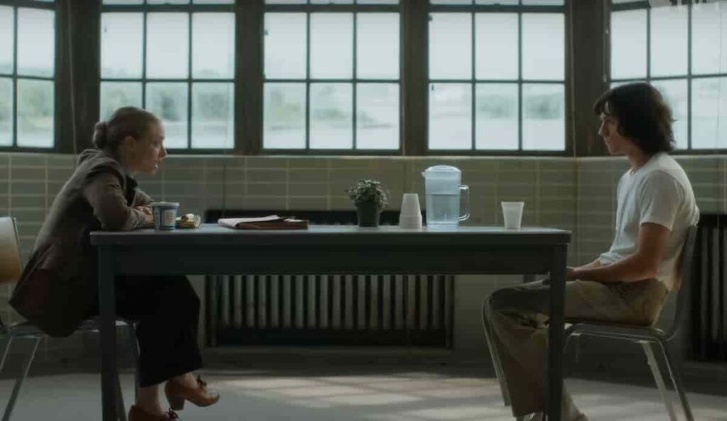 Amanda Seyfried as Rya Goodwin interrogating Tom Holland as Danny Sullivan in The Crowded Room series Apple TV+ in New York location
