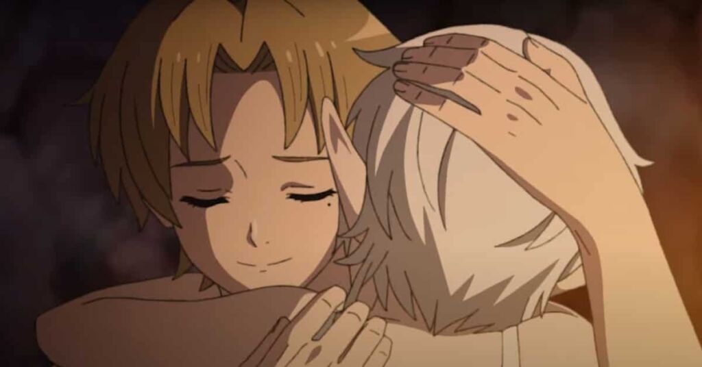 Rudy hugging Sylphy in Mushoku Tensei: Jobless Reincarnation Season 2 episode 11 final scene
