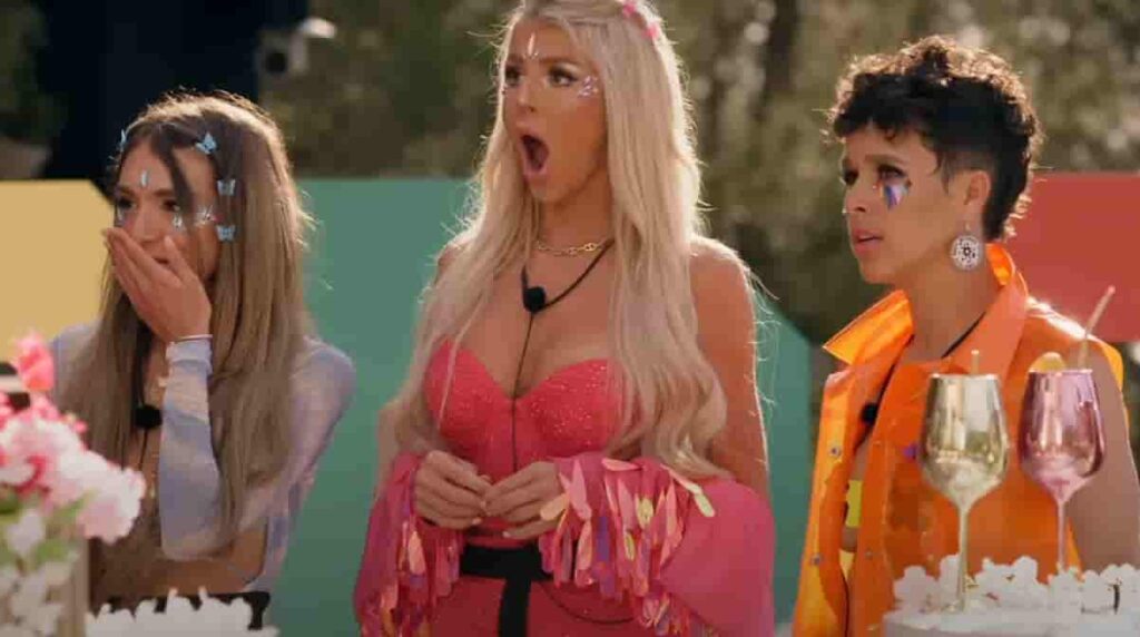 Three woman contestants on the set of Surviving Paradise series