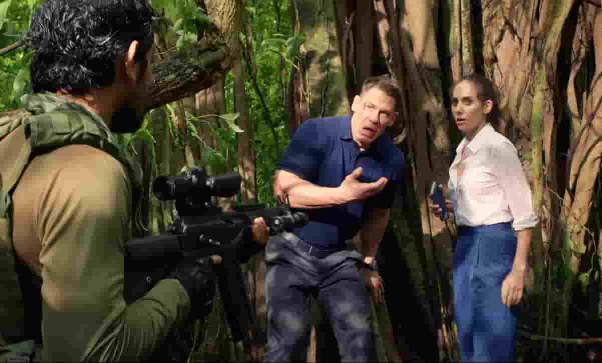Freelance movie filming in a Colombian jungle featuring John Cena and Alison Brie