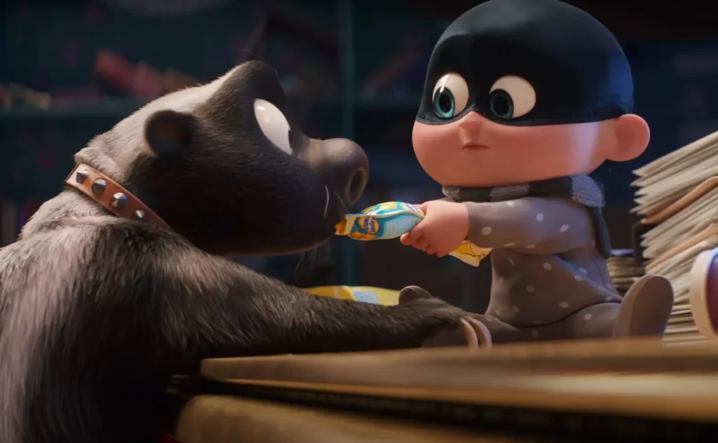 Gru and Lucy baby feeding wild dog in Despicable 4