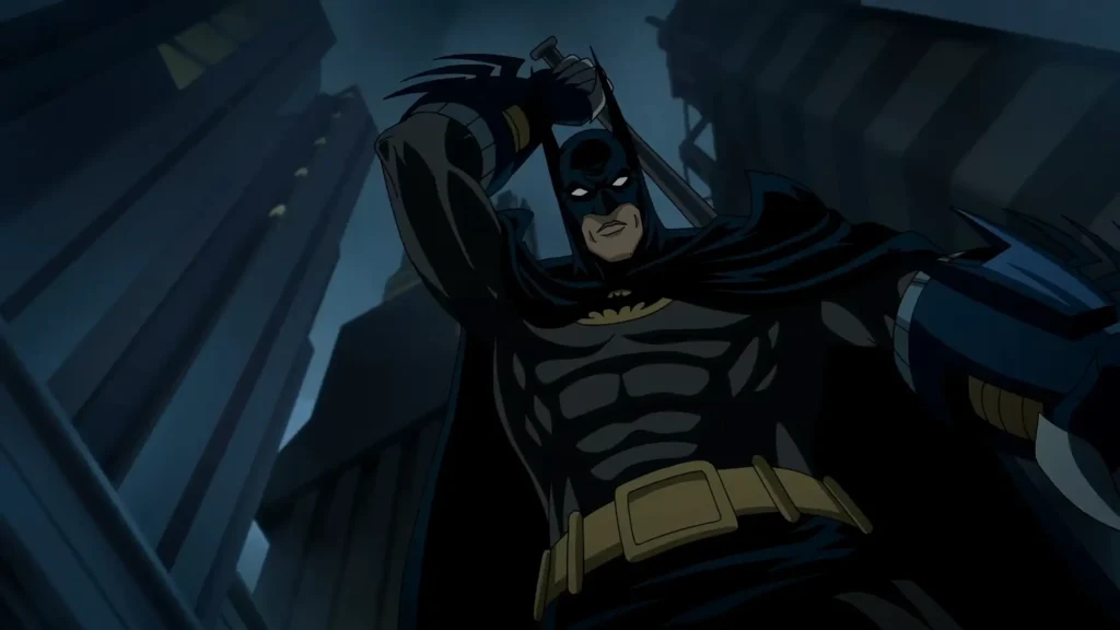 Batman in Batman: Knightfall Part 1: Knightfall holding a weapon above his head in a dark Gotham City scene.