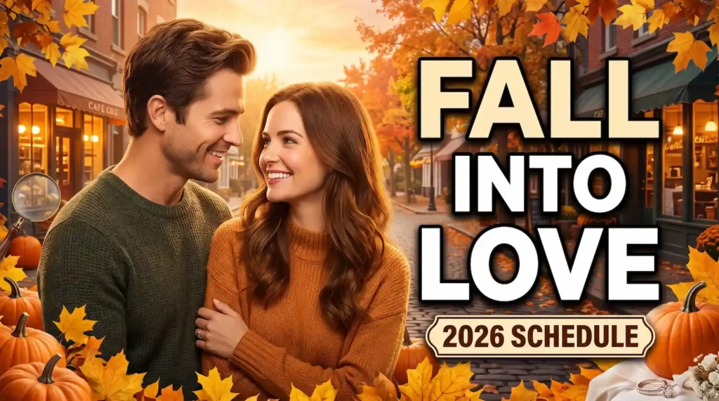 Hallmark Channel’s Fall Into Love 2026 schedule graphic featuring autumn-themed decorations and Canadian filming locations