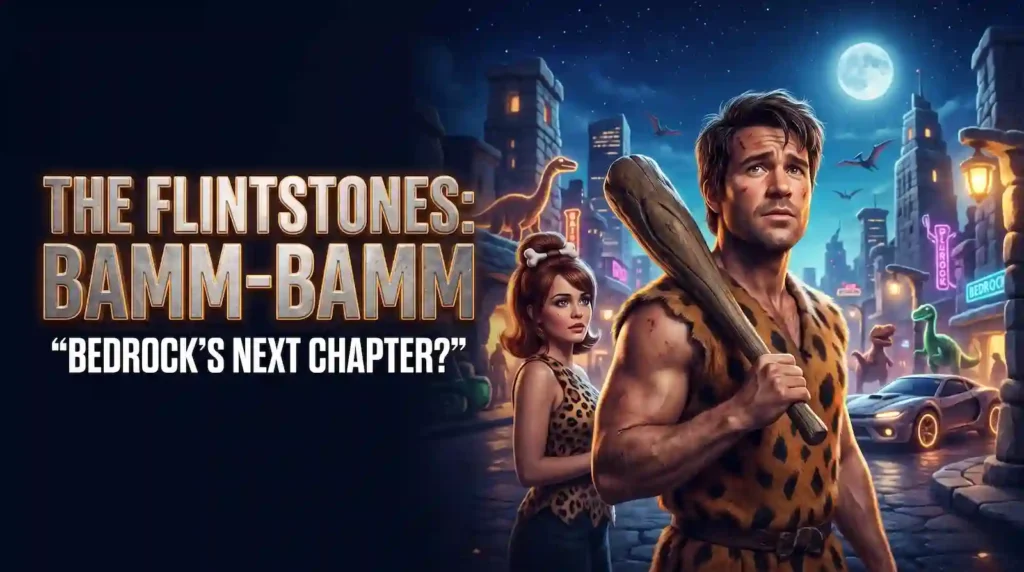 The Flintstones: Bamm-Bamm 2027 movie thumbnail featuring Bamm-Bamm holding a wooden club with Pebbles and a futuristic Bedrock city at night.
