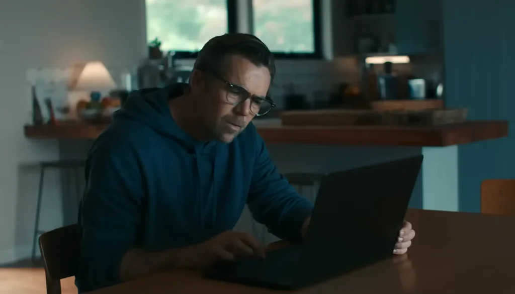 Patrick Brammall as Ian Ridley on Last Seen filming location set in Australia seriously looking for missing girl Maggie while sitting on a desk and researching on his laptop