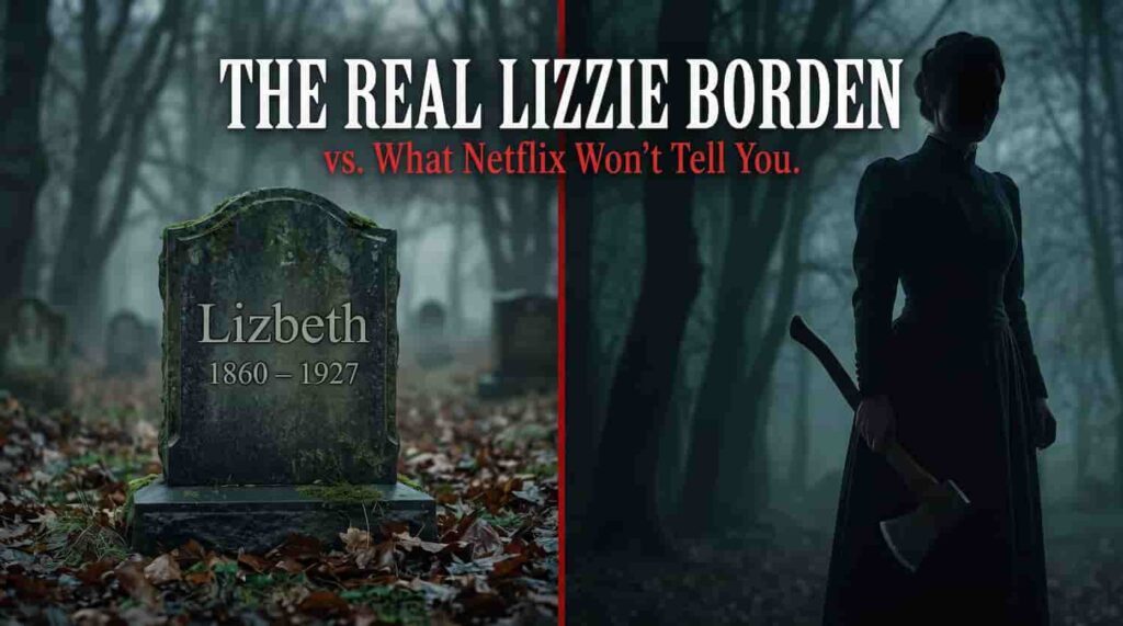 Lizzie Borden as a silhouetted woman in a Victorian black dress holding an axe in a dark misty forest on the right, divided by a red vertical line, with the headline "The Real Lizzie Borden vs. What Netflix Won't Tell You."