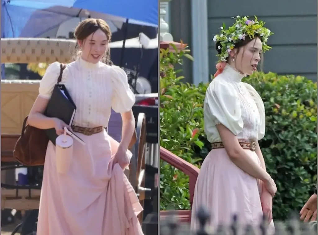 Behind-the-scenes images of the actress Ella Beatty in period costume on the set of Monster Season 4, The Lizzie Borden Story