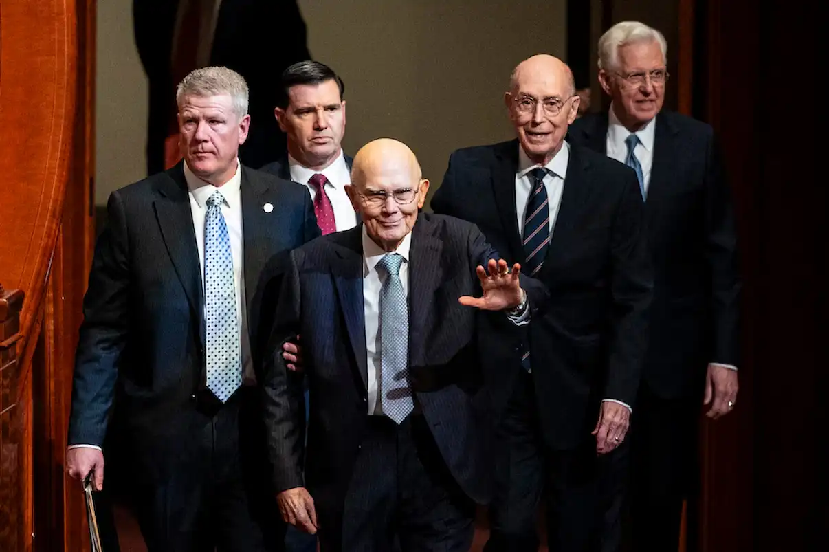 How to watch General Conference 2026 on YouTube, TV & More President Dallin H. Oaks, center, waves as he enters with President Henry B. Eyring, first counselor in the First Presidency, second from right, and President D. Todd Christofferson, second counselor in the First Presidency, right, at the start of the Saturday afternoon session of the 196th Annual General Conference of The Church of Jesus Christ of Latter-day Saints, held at the Conference Center
