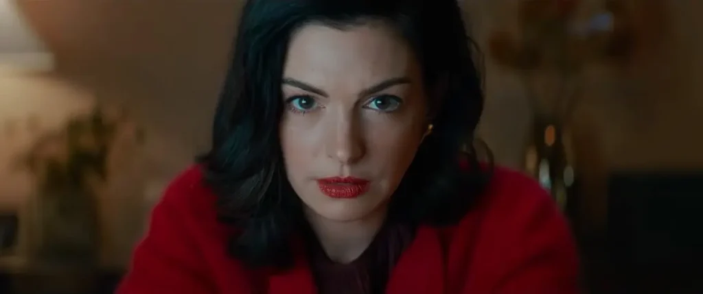 Anne Hathaway in an intense close-up as Verity Crawford in the 2026 psychological thriller Verity.